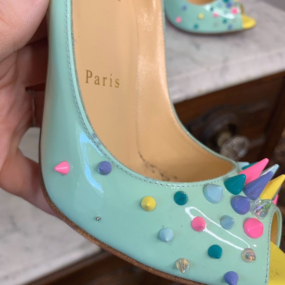 Louboutin Jurayoo 100 Candy Spike Pumps size 35 Peep Toe - Picture 6 of 13